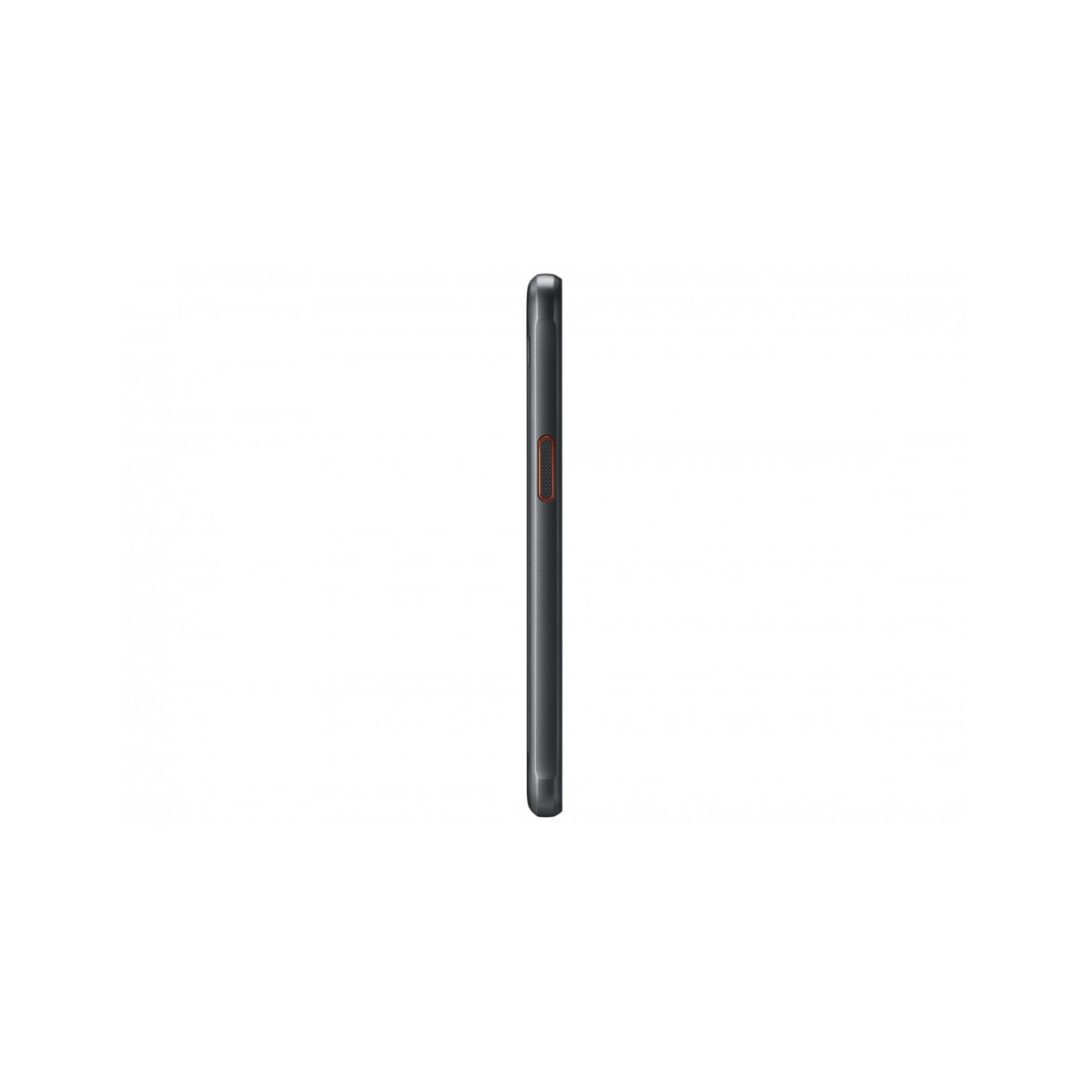 Vista laterale di uno smartphone scuro. Un pulsante rosso è visibile. Lo sfondo è bianco.