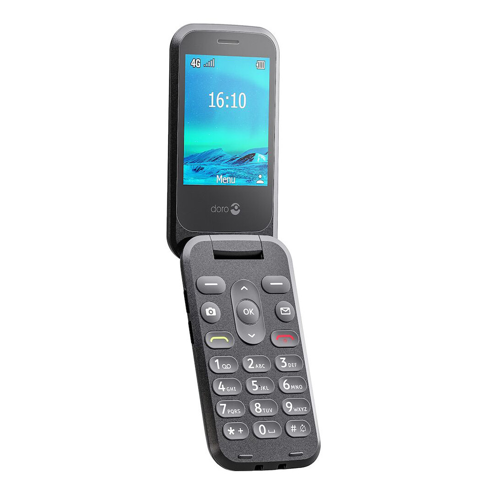 Un telefono a conchiglia grigio è aperto, visualizzando l'ora 16:10. La tastiera ha numeri e pulsanti. Il telefono ha un logo 'doro'.