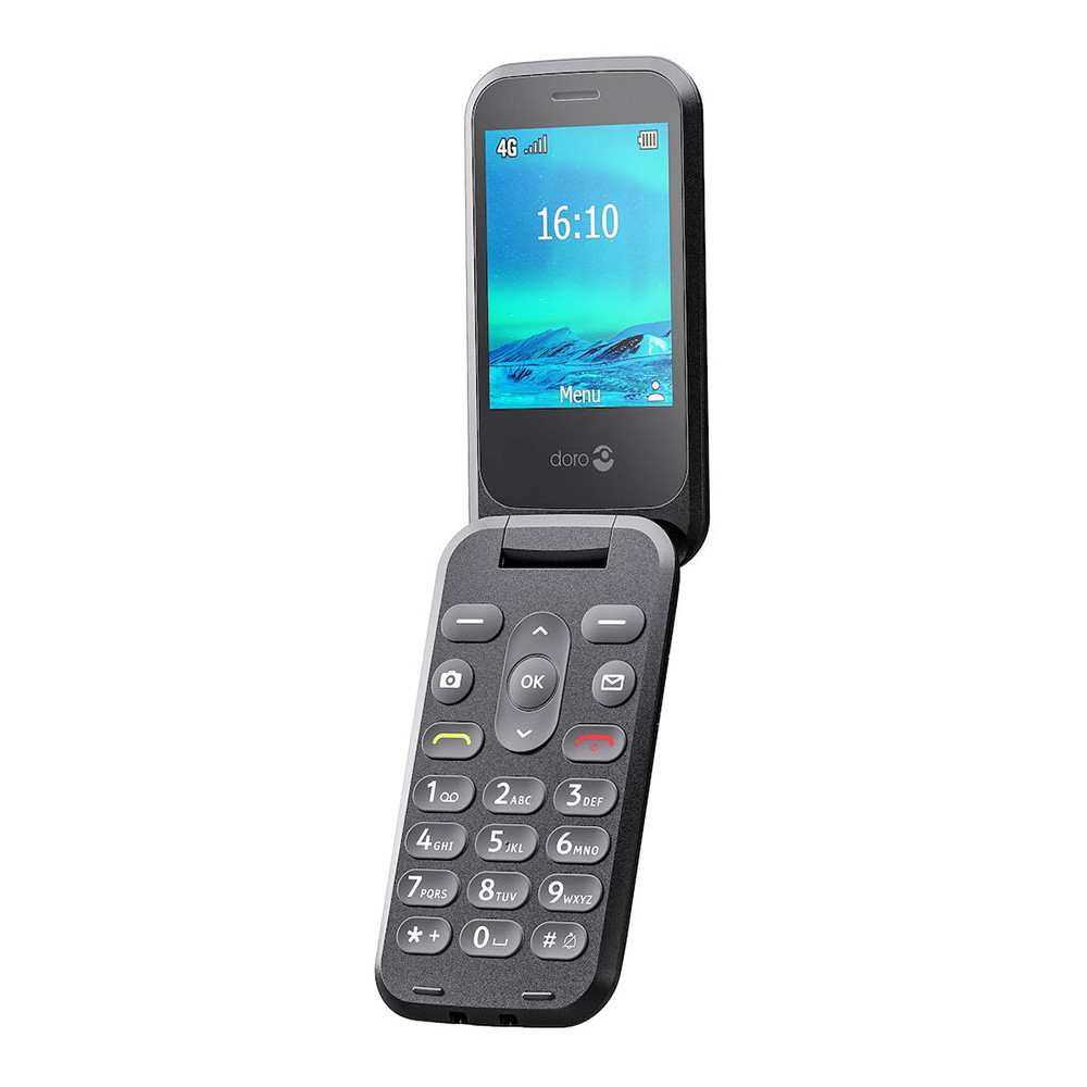 Telefono a conchiglia grigio aperto, che mostra lo schermo con l'ora, il menu e il segnale. Sotto ci sono tasti numerici e funzione, e un logo.