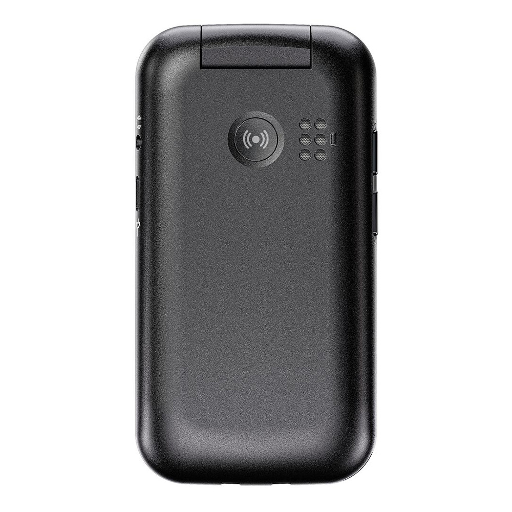 Un telefono a conchiglia nero chiuso con una forma arrotondata. Ha un simbolo di ricarica wireless e fori per altoparlanti. Il telefono è liscio.