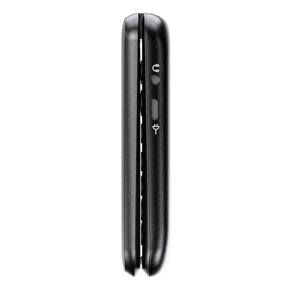 Vista laterale di un telefono a conchiglia nero chiuso, che mostra pulsanti e porte. Il telefono è su sfondo bianco.