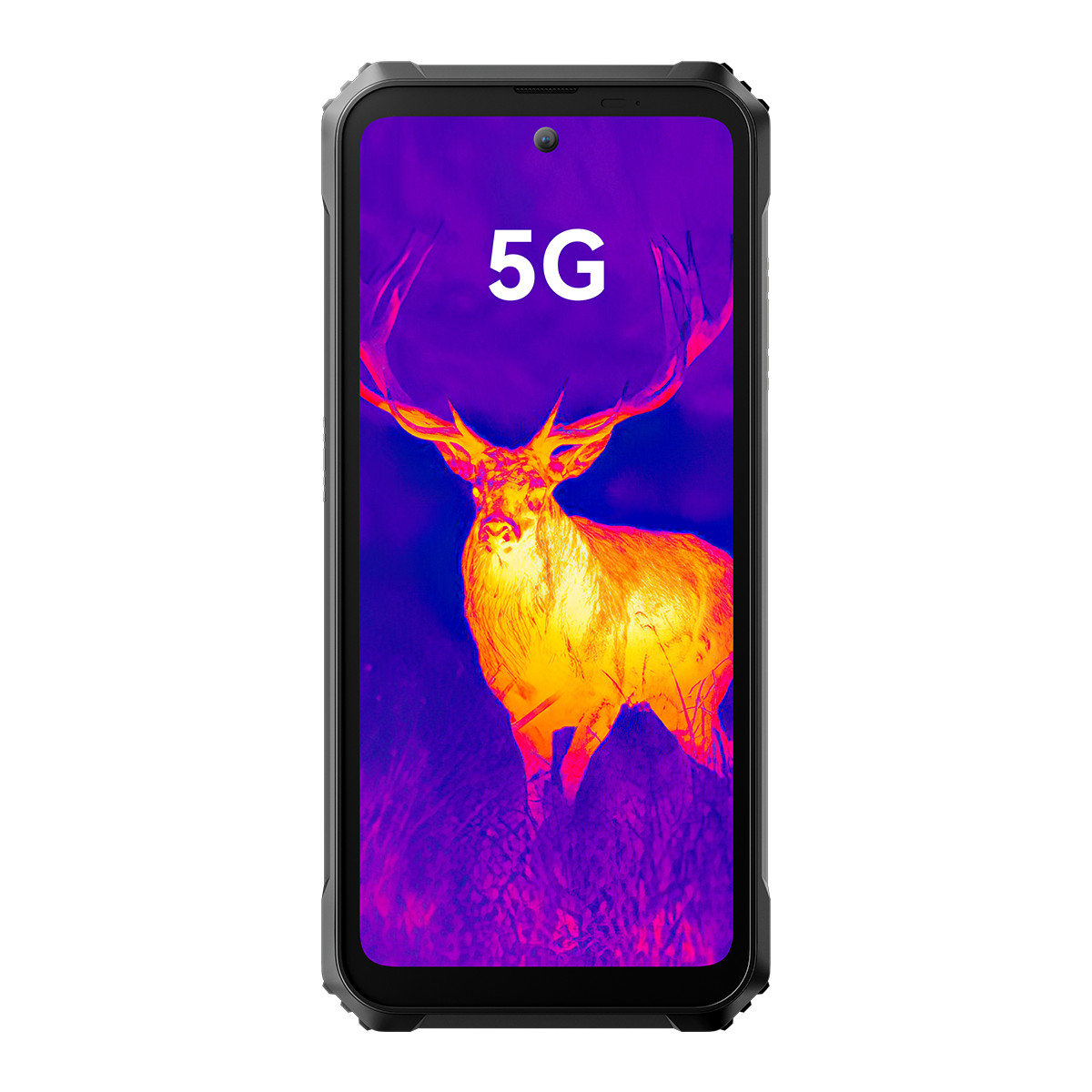 Smartphone con schermo che mostra un cervo con corna a colori termici, con testo 5G.