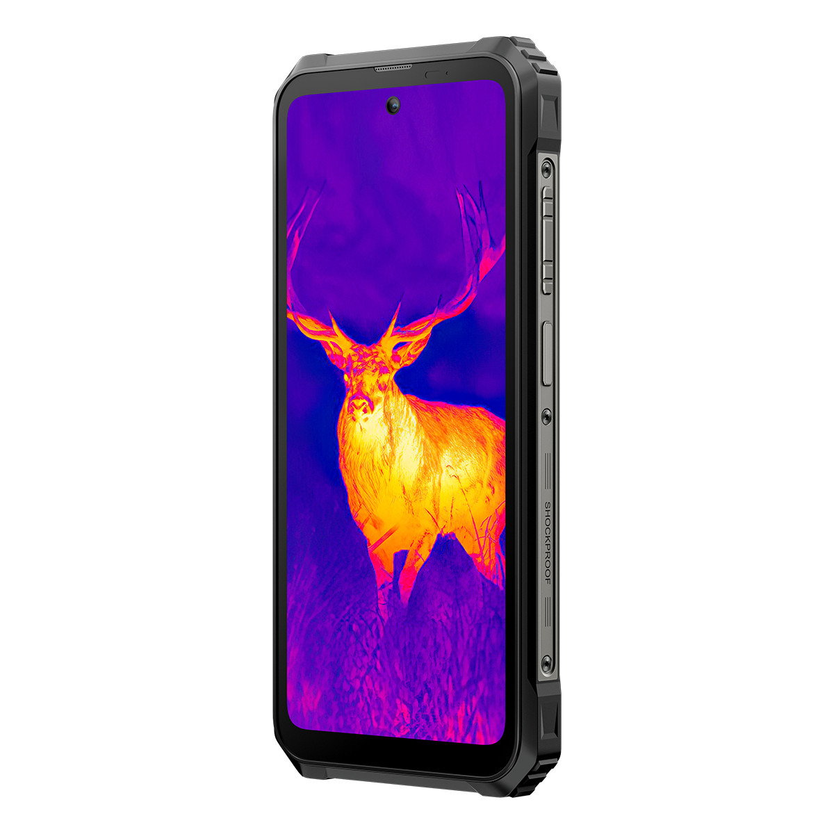 Uno smartphone nero mostra un'immagine termica di un cervo in un campo. Il telefono ha un design robusto con la scritta 'SHOCKPROOF'.