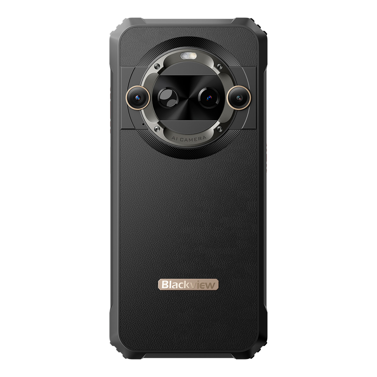 Smartphone nero con più fotocamere posteriori. Presenta un retro strutturato e il logo 'Blackview'. Le fotocamere hanno un design circolare.