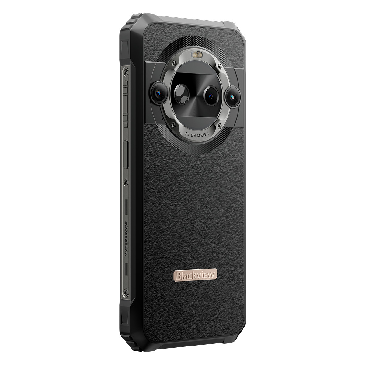 Smartphone nero e robusto con più fotocamere, design della lente circolare e la parola "Blackview" in basso. Testo "Waterproof" visibile.