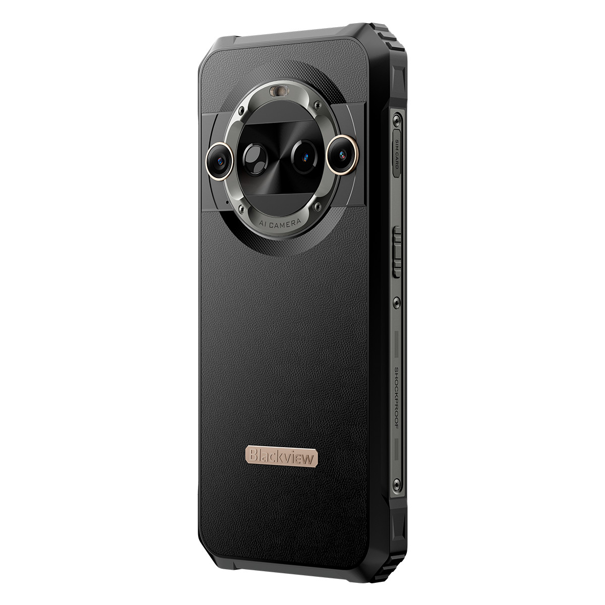 Uno smartphone Blackview nero con un array di fotocamere circolare, tre obiettivi e un flash. Il telefono ha un retro strutturato e un lato con pulsanti.