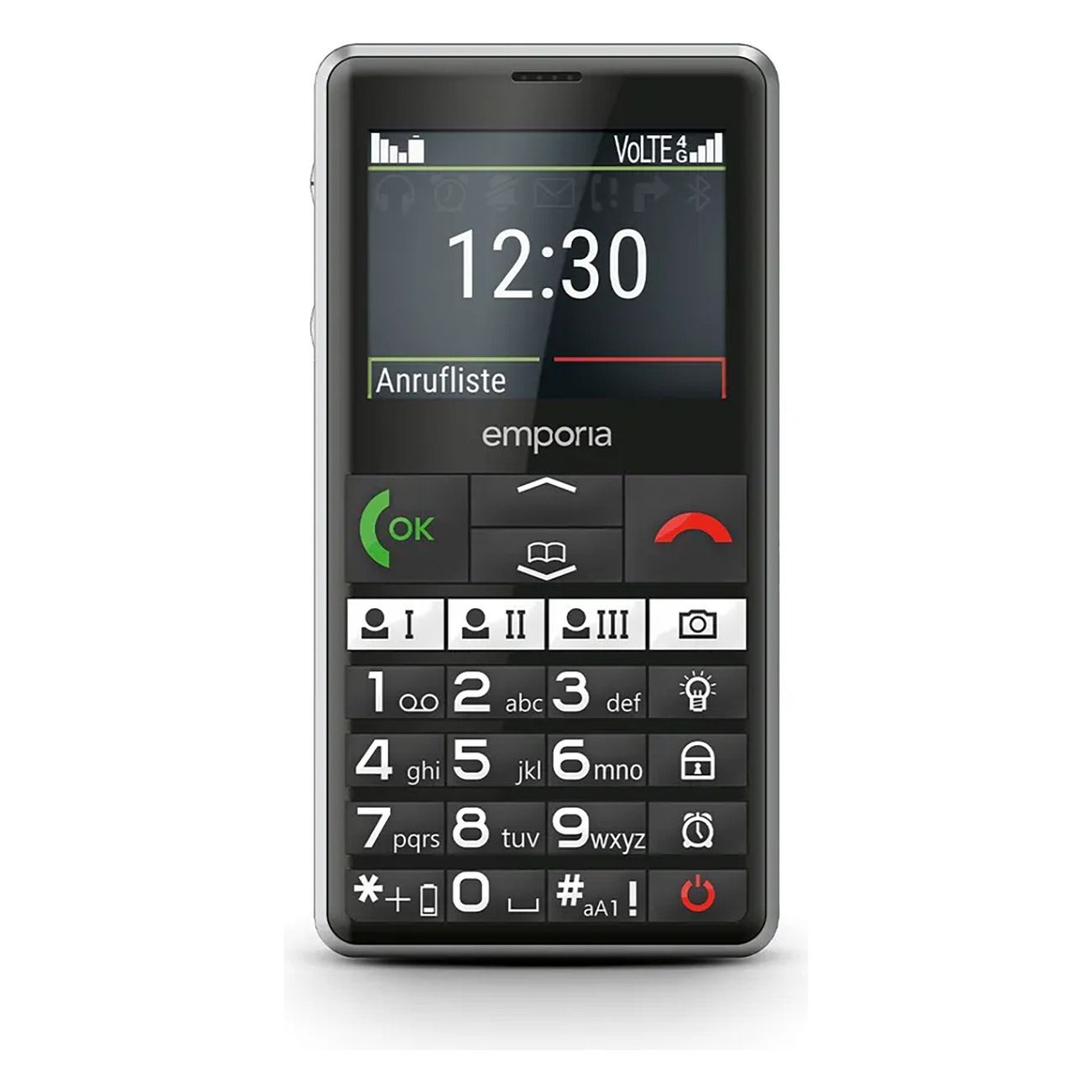 Un telefono Emporia nero mostra l'ora, l'elenco chiamate e i pulsanti. Numeri e lettere sono sulla tastiera. Lo schermo mostra OK e un'icona di chiamata rossa.