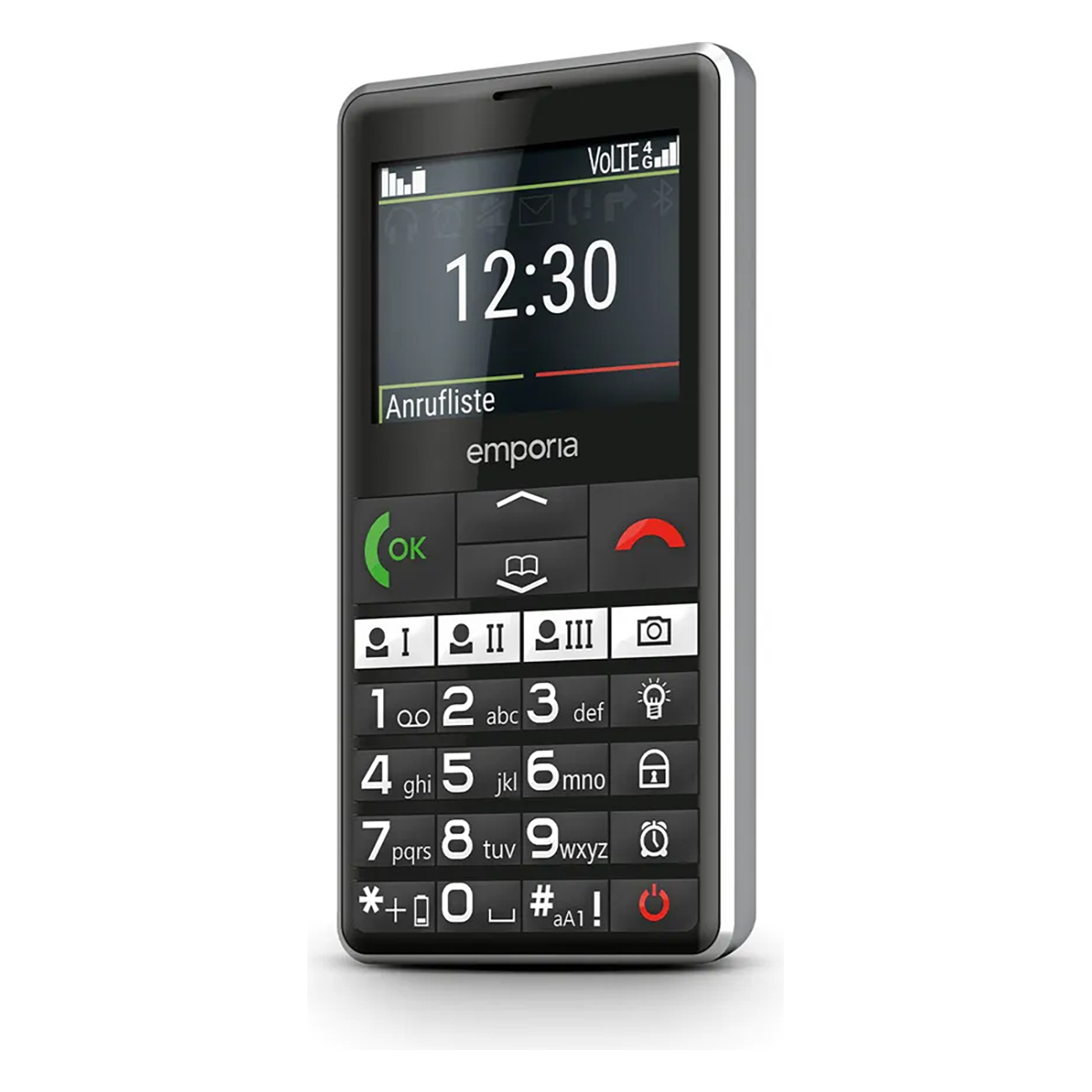 Un telefono Emporia nero che mostra le 12:30, con pulsanti grandi e schermo. Icone di chiamata, messaggi e impostazioni.