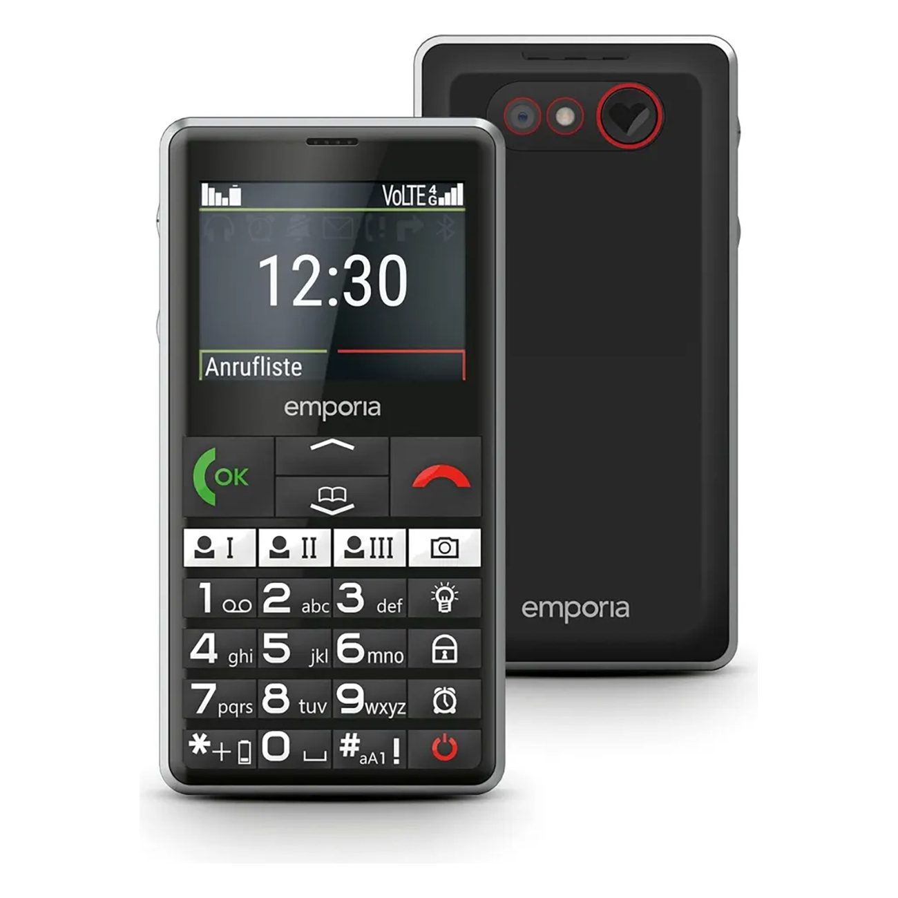 Telefono Emporia nero con pulsanti grandi, un display che mostra le 12:30 e un secondo telefono dietro. Il telefono ha un cuore rosso sul retro.