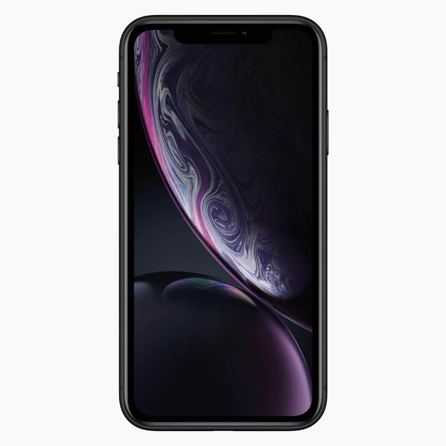 Schwarzes Smartphone mit dunklem Bildschirm, der abstrakte Wirbel aus Lila und Weiß vor weißem Hintergrund zeigt.