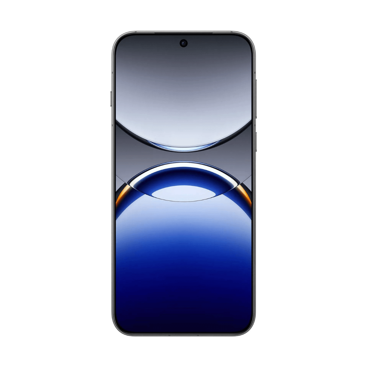 Smartfon z wyświetlaczem z niebieskim i szarym abstrakcyjnym wzorem. Telefon ma czarną ramkę i aparat.