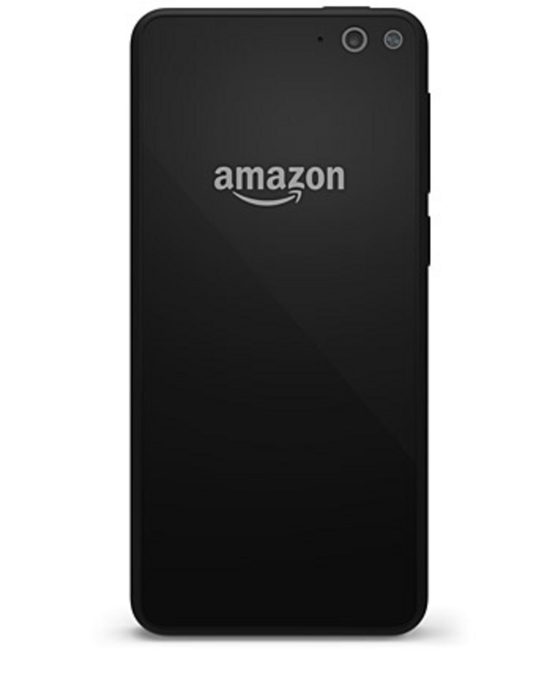 Schwarzes Smartphone mit Amazon-Logo. Oben befinden sich Kameralinsen und an der Seite Tasten. Das Telefon steht auf weißem Hintergrund.