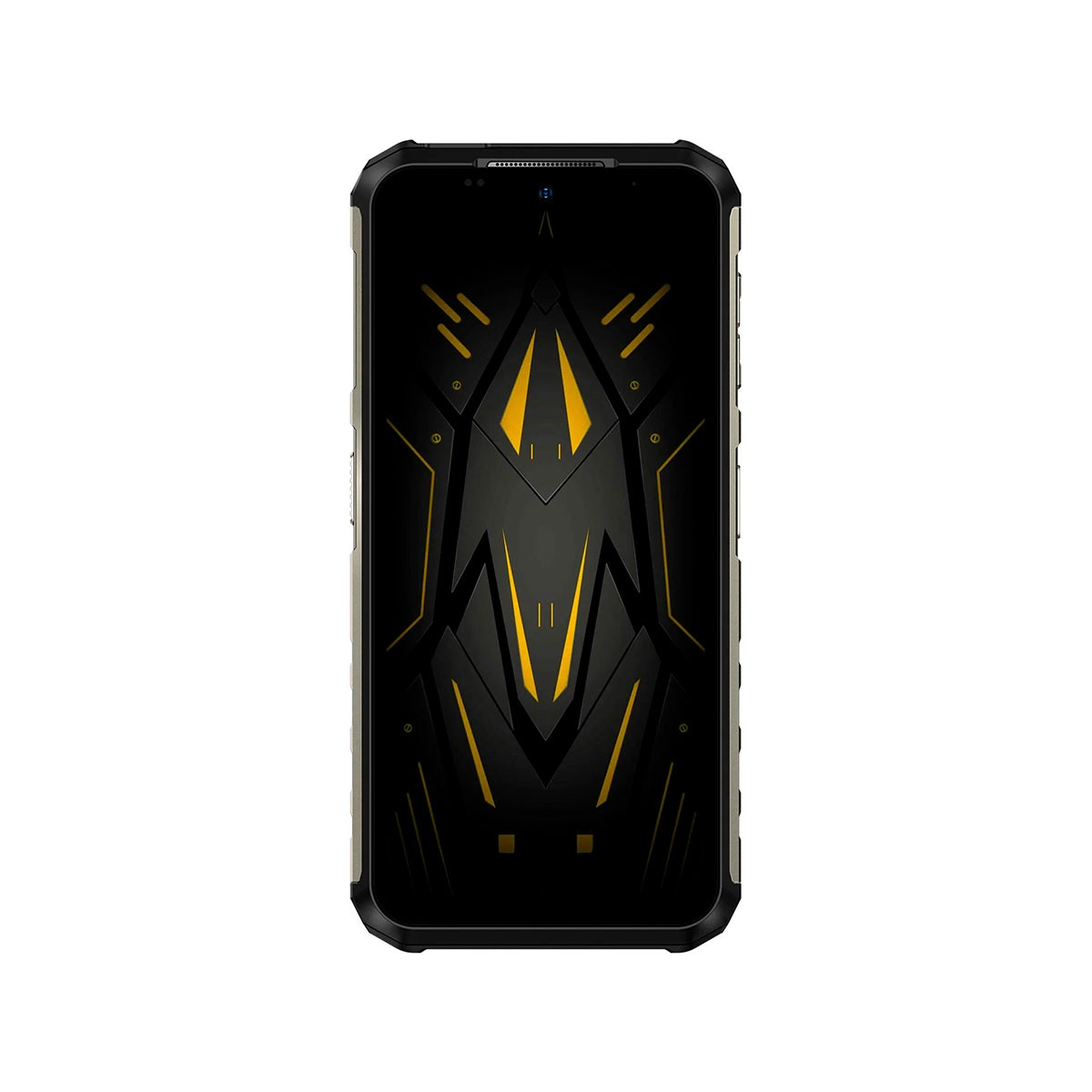 Czarny smartfon z żółtymi akcentami. Tył ma geometryczny wzór. U góry aparat i lampa błyskowa.