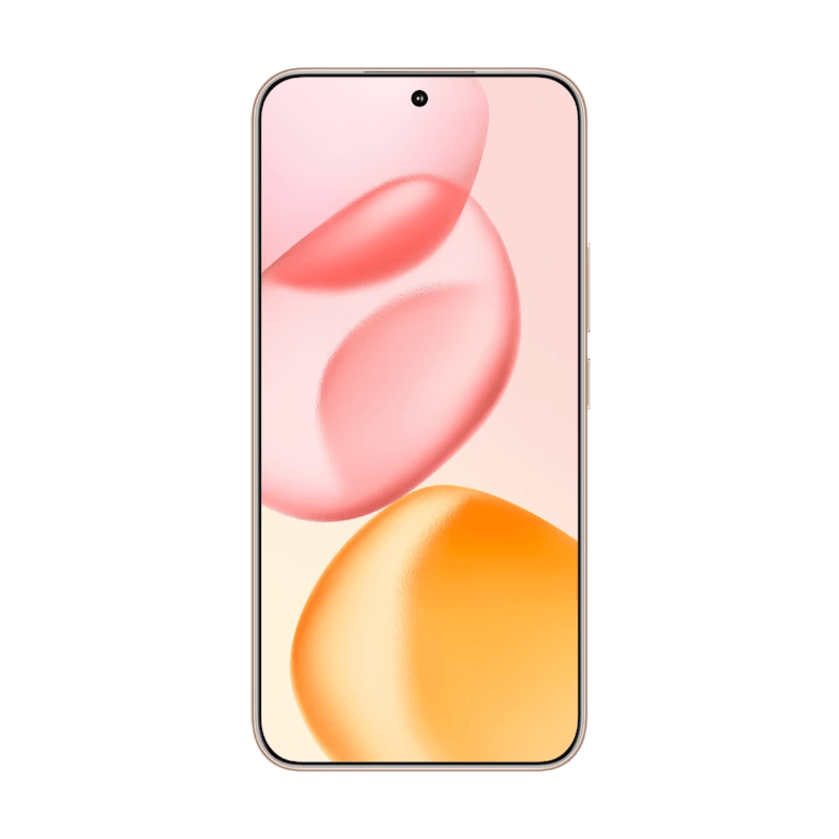 Smartfon z wyświetlaczem pokazującym różowe i pomarańczowe abstrakcyjne kształty. Telefon ma złotą ramkę i czarną kropkę na górze.