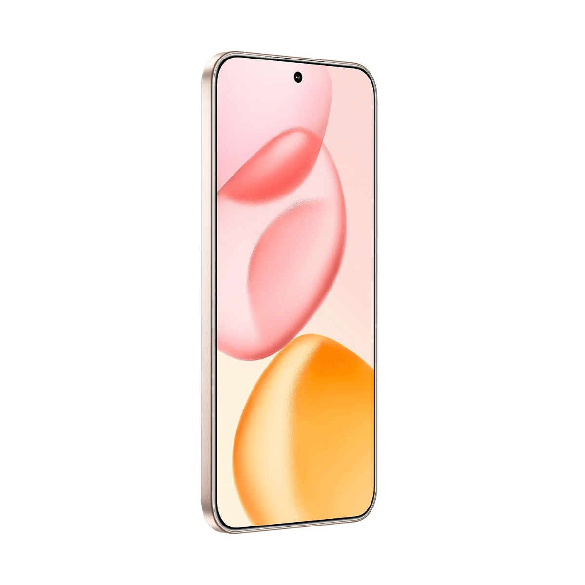 Smartfon z różowo-pomarańczowym gradientem na wyświetlaczu. Ma złotą ramkę i aparat u góry.