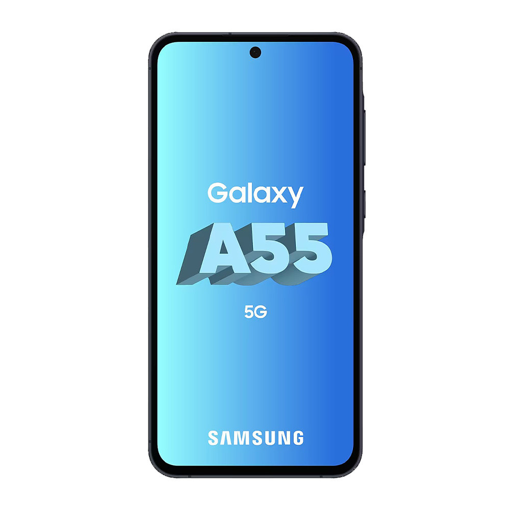 Viene visualizzato uno smartphone Samsung Galaxy A55 5G. Lo schermo mostra il nome e il modello del telefono. Il telefono ha una cornice nera e uno schermo blu.