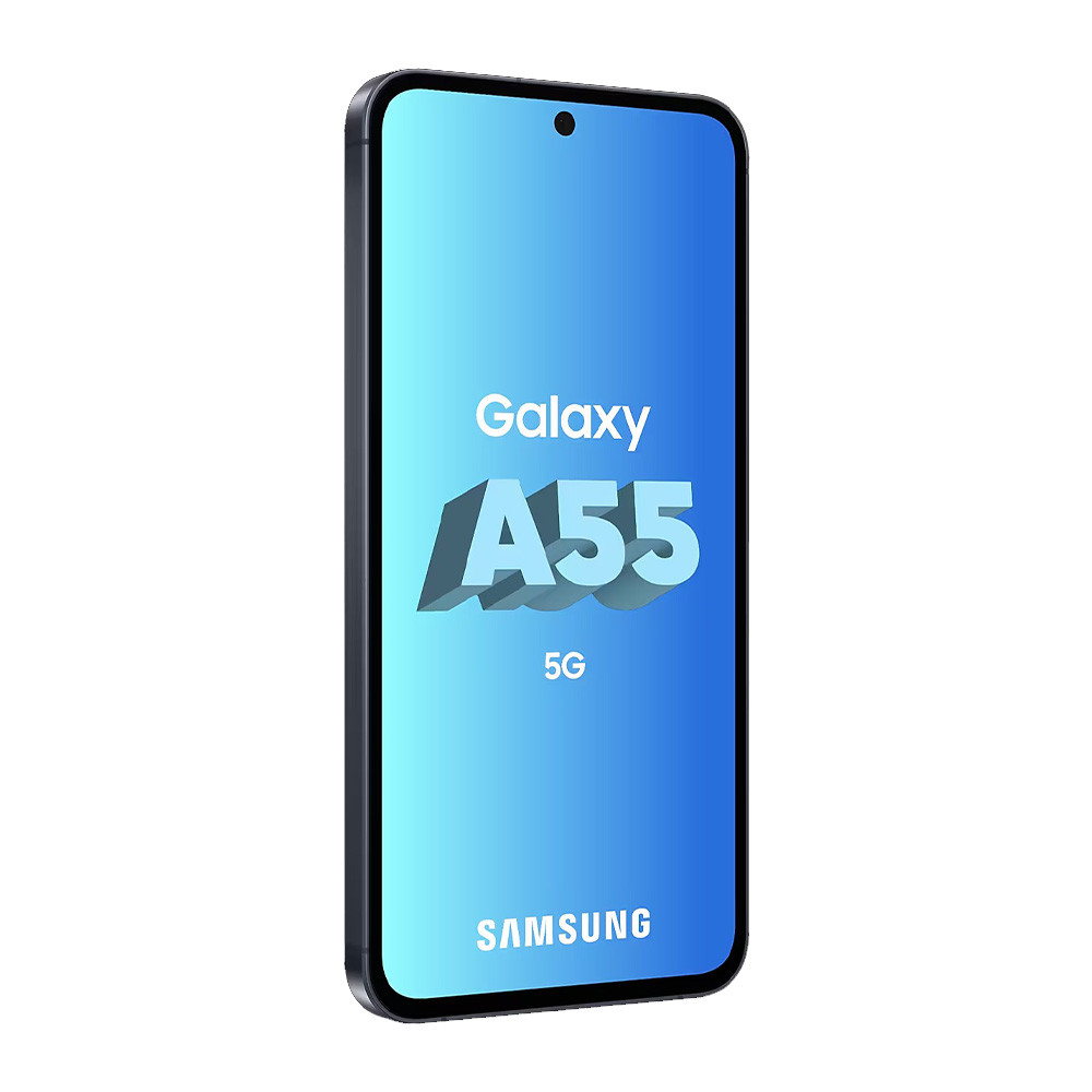 Un telefono Samsung Galaxy A55 è mostrato su sfondo bianco. Lo schermo mostra 'Galaxy A55 5G' e il logo Samsung.