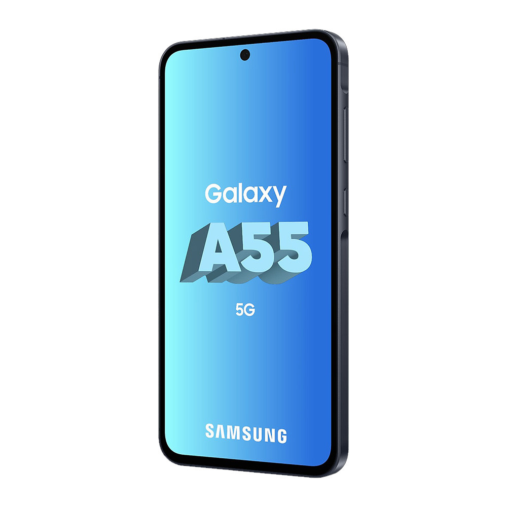 Uno smartphone Samsung Galaxy A55 5G. Lo schermo mostra il nome e il marchio del telefono, con uno sfondo blu sfumato.