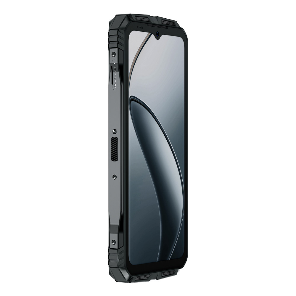 Ein robustes Smartphone auf weißem Hintergrund. Es hat einen dunkelgrauen Rahmen mit Tasten und einen Bildschirm mit Wellenmuster.