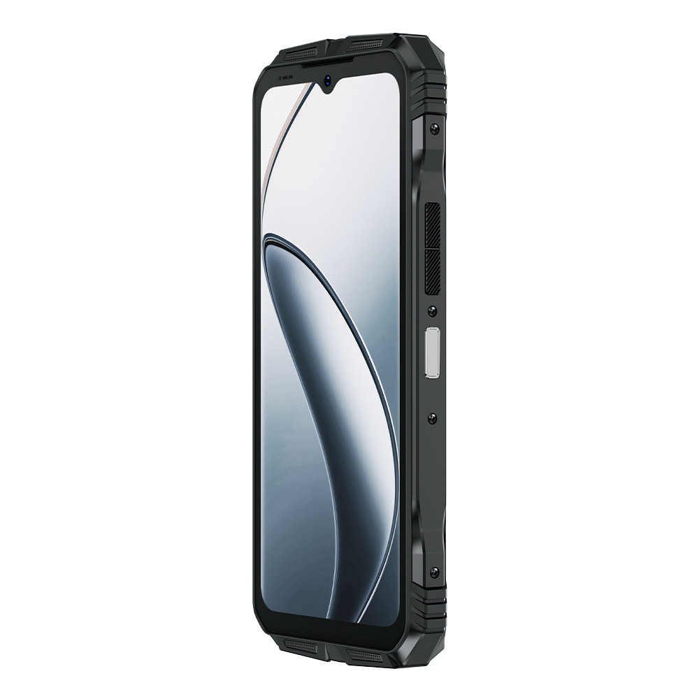 Schwarzes Smartphone, Seitenansicht. Der Bildschirm zeigt ein geschwungenes Design. Tasten sind an der Seite sichtbar. Das Telefon hat ein robustes Design.