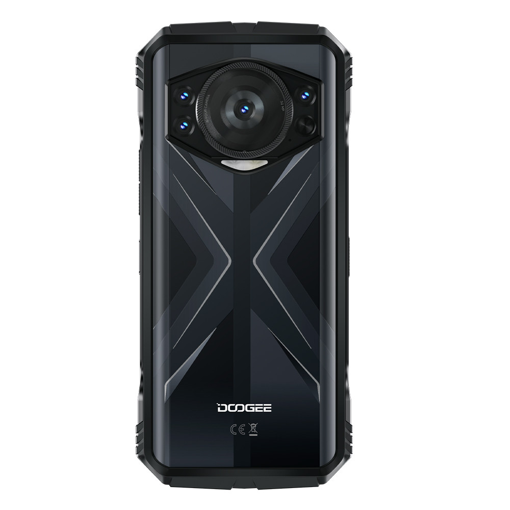 Schwarze Smartphone-Rückseite mit großem Kameramodul, mehreren Objektiven und X-förmigem Design. Die Marke ist Doogee.
