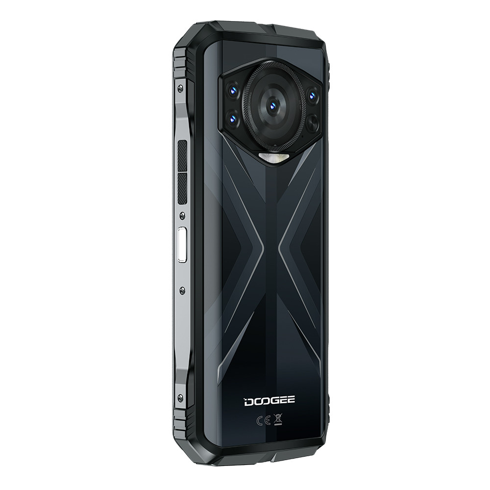 Schwarzes DOOGEE-Smartphone. Es hat ein großes Kameramodul mit mehreren Objektiven, eine gemusterte Rückseite und Seitentasten.