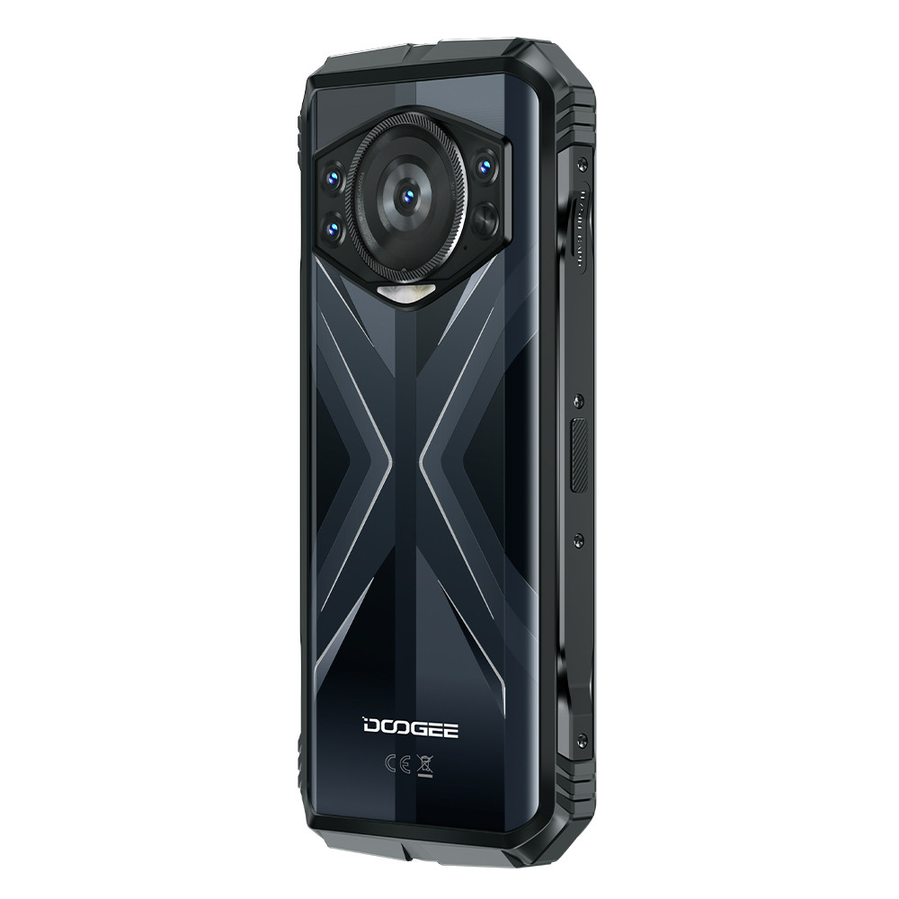 Schwarzes Smartphone mit einem prominenten Kameraobjektiv und mehreren kleineren Objektiven. Mit geometrischem Design und DOOGEE-Logo.