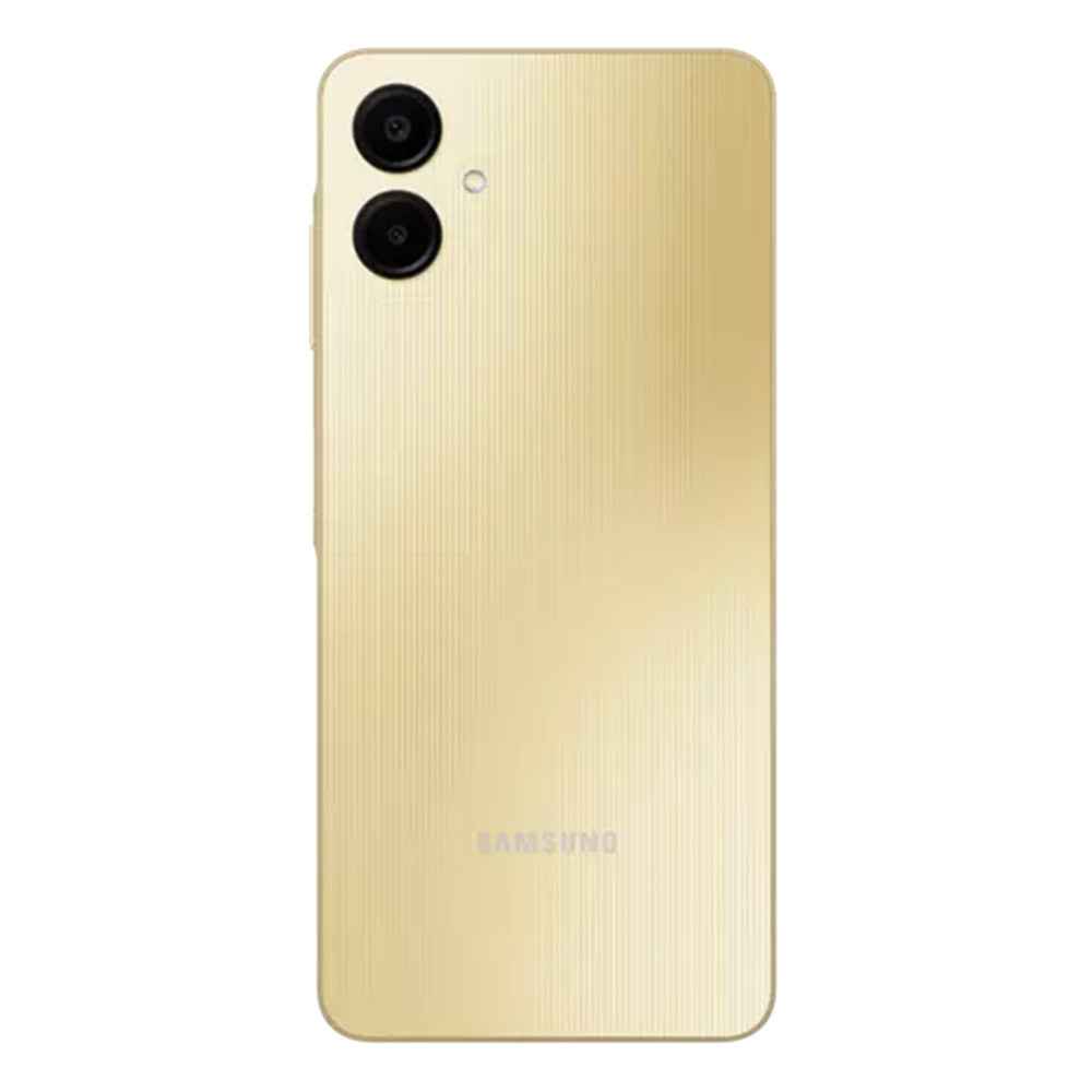 Rückansicht eines goldenen Smartphones. Es hat oben zwei Kameras und einen Blitz. Das Samsung-Logo befindet sich unten.