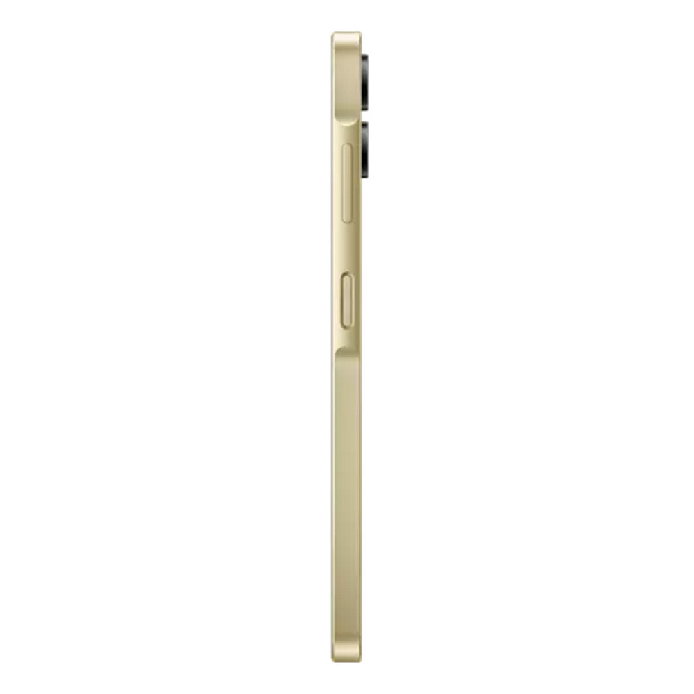 Seitenansicht eines goldenen Smartphones. Es hat zwei Kameralinsen, eine Ein-/Aus-Taste und eine Lautstärkewippe an der Seite. Der Hintergrund ist weiß.