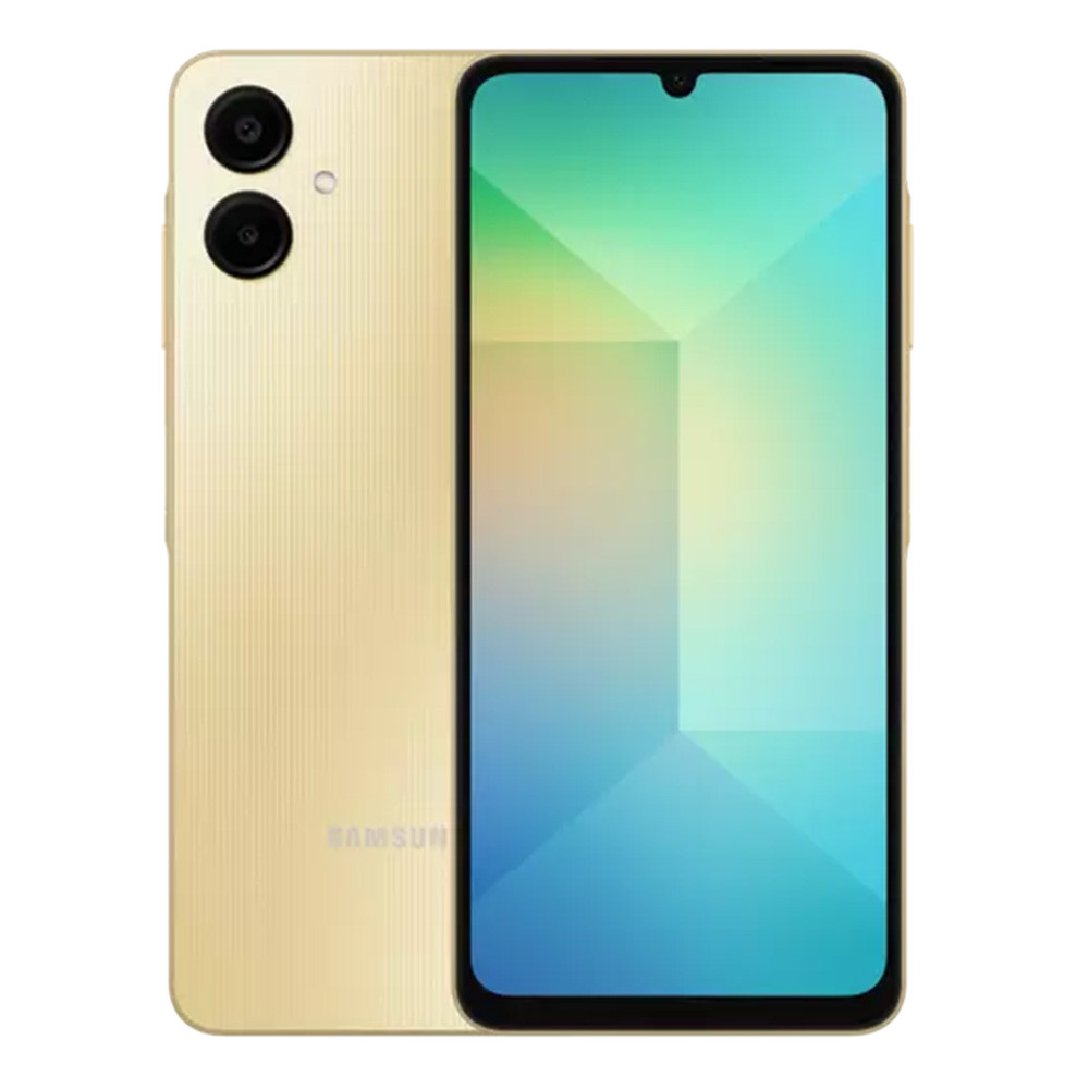 Ein goldenes Samsung-Smartphone mit zwei Rückkameras wird gezeigt. Der Bildschirm zeigt grüne und blaue geometrische Muster und einen schwarzen Rahmen.