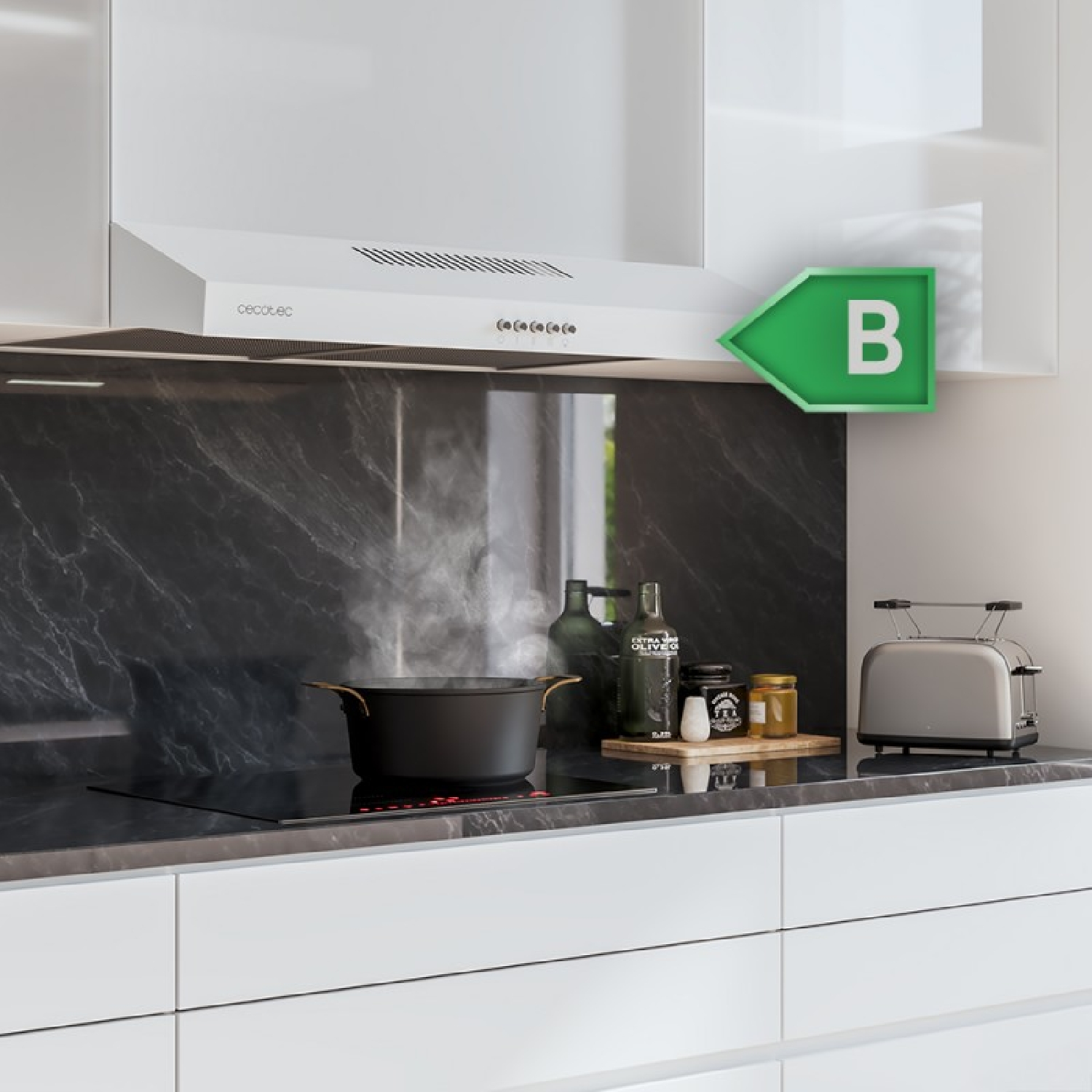 Una escena de cocina con una olla en una placa. Hay una campana extractora encima y una tostadora. Salpicadero de mármol negro con condimentos.