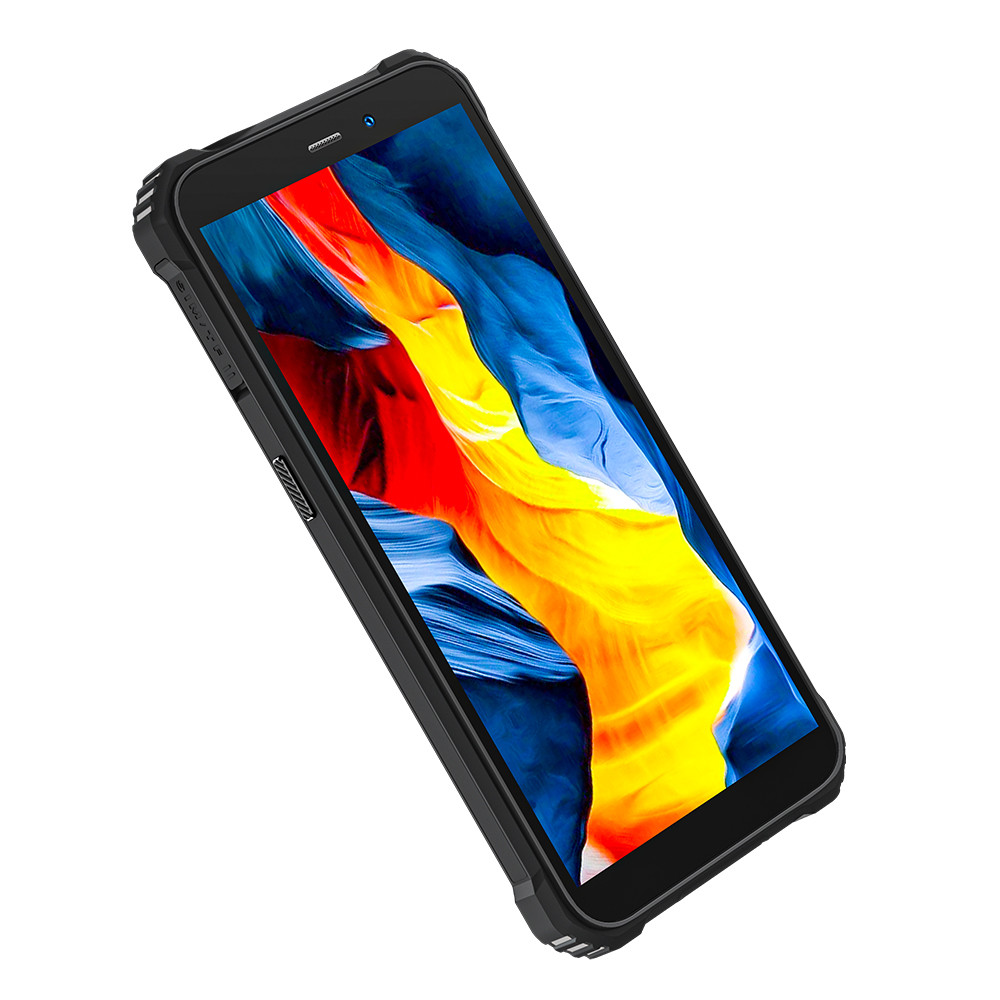 Czarny smartfon z kolorową, abstrakcyjną tapetą. Telefon jest pod kątem, pokazując szczegóły obudowy i ekranu.