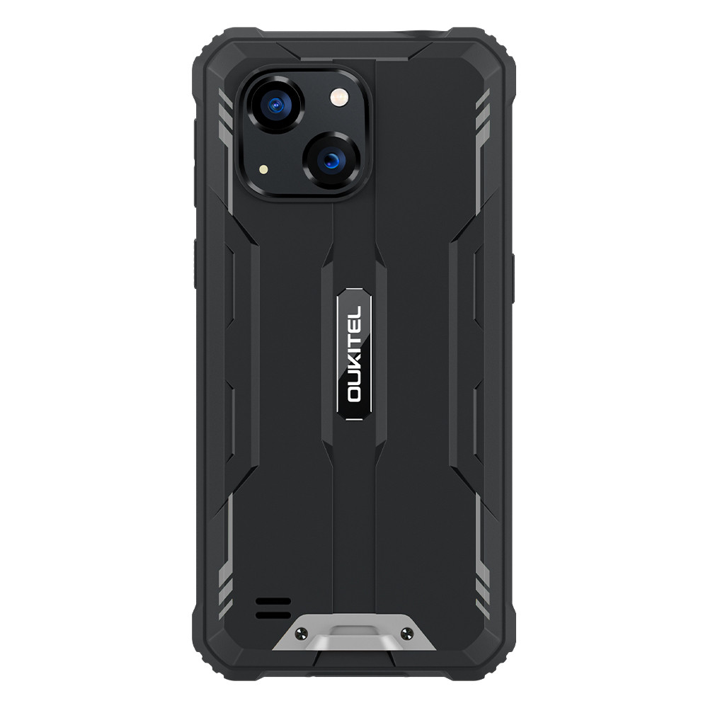 Czarny telefon Oukitel. Cechy: podwójny aparat, wytrzymała konstrukcja i logo OUKITEL.