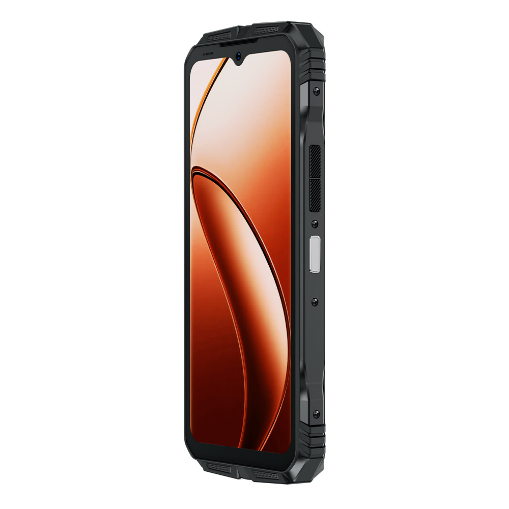 Ein schwarzes Smartphone steht im Winkel. Der Bildschirm zeigt ein rotbraunes abstraktes Design. Es hat Seitentasten und ein robustes Gehäuse.