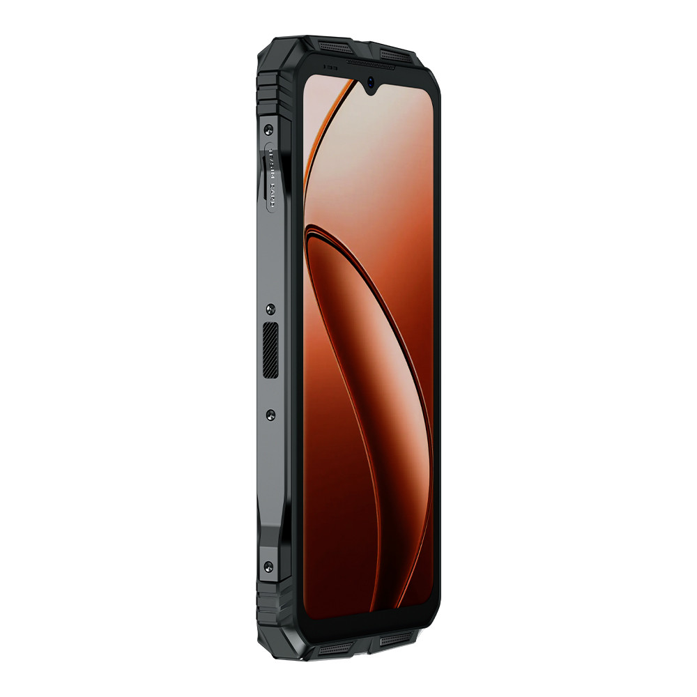 Ein robustes Smartphone. Der Bildschirm zeigt ein abstraktes rotes und braunes Design. Das Telefon ist schwarz und grau. Die Seite hat Knöpfe und Schlitze.