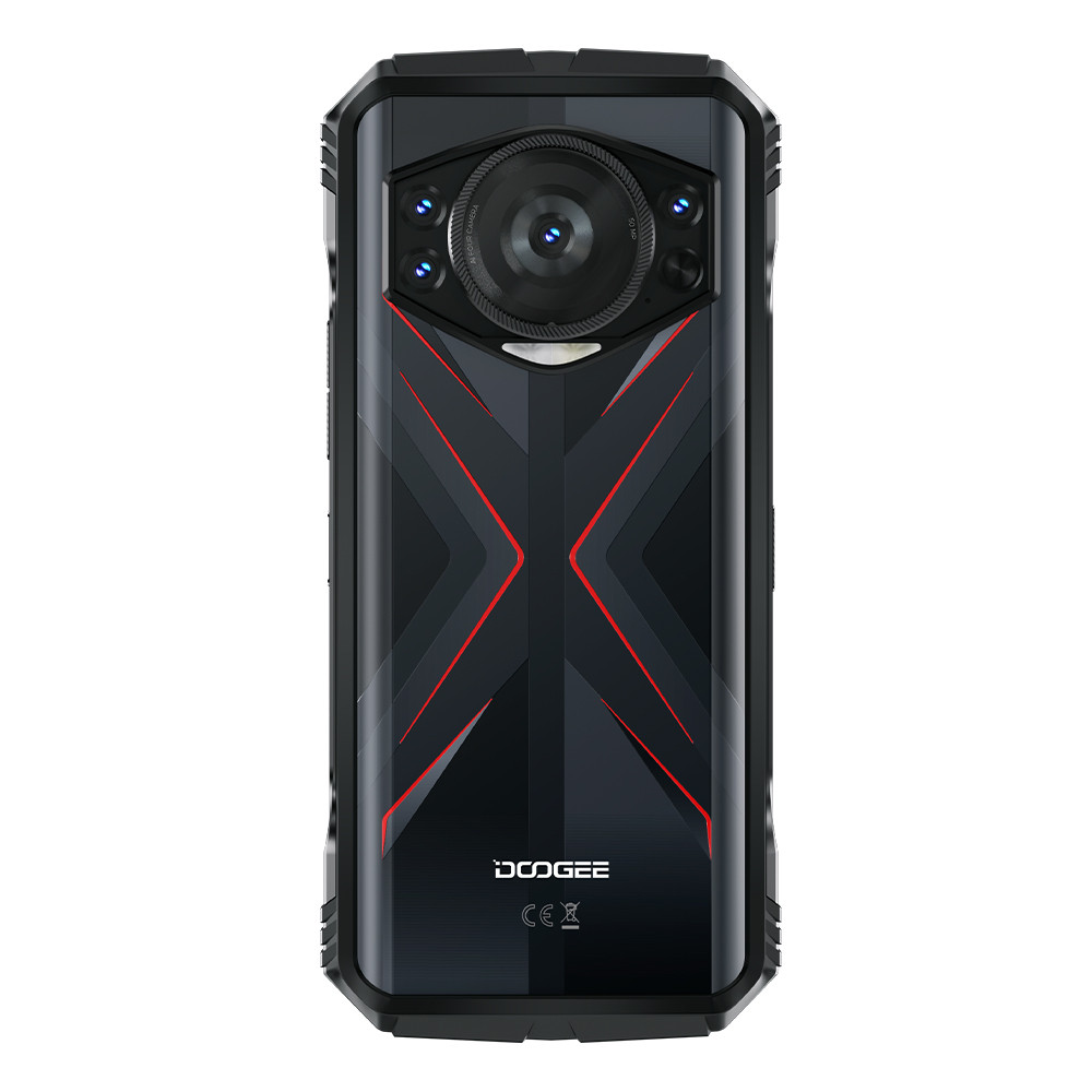 Eine schwarze Smartphone-Rückseite mit großem Kameramodul, roten Akzenten und dem Doogee-Logo. Das Design hat ein X-Muster.