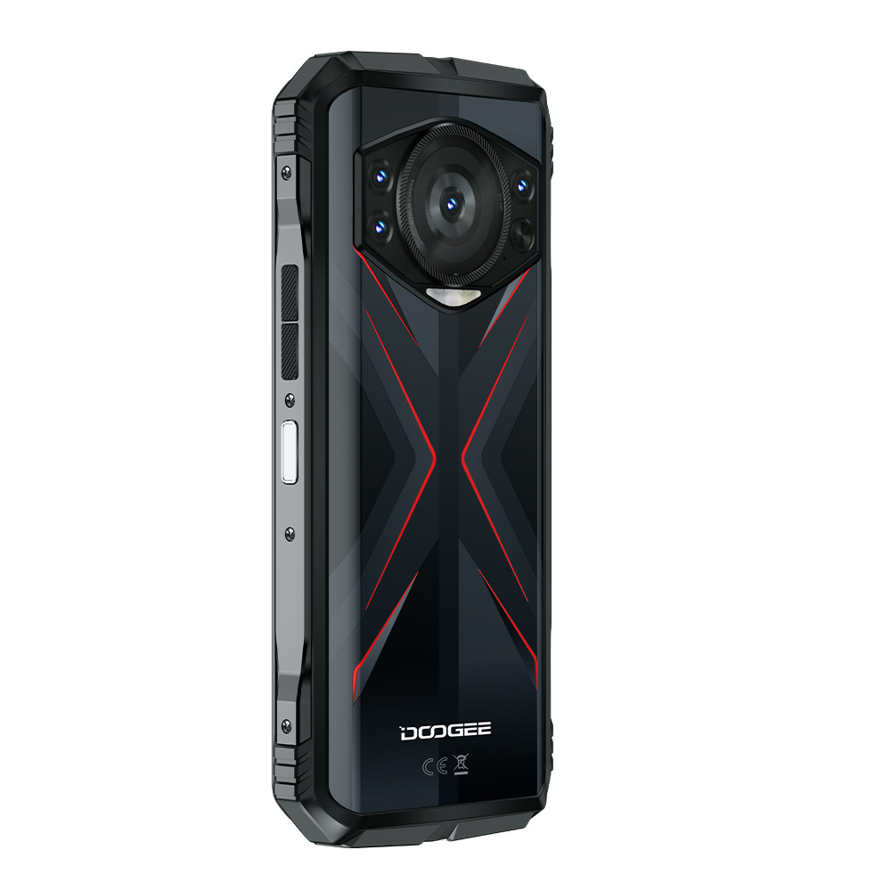 Schwarzes Smartphone mit markanter Kamera, rotem X-Design auf der Rückseite und Doogee-Logo. Es hat ein robustes Design.
