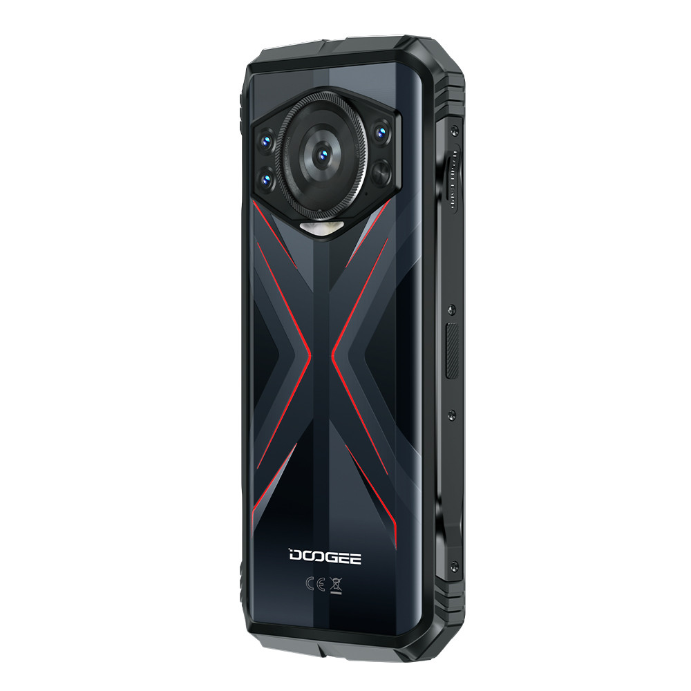 Ein schwarzes Smartphone mit roten Akzenten und einer auffälligen Kamera. Das Telefon hat ein robustes Design und das Doogee-Logo.