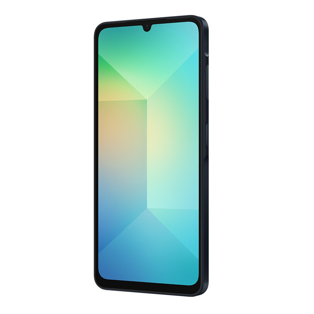 Ein Smartphone mit blauem Gehäuse. Der Bildschirm zeigt ein geometrisches Muster in Grün, Gelb und Blau.