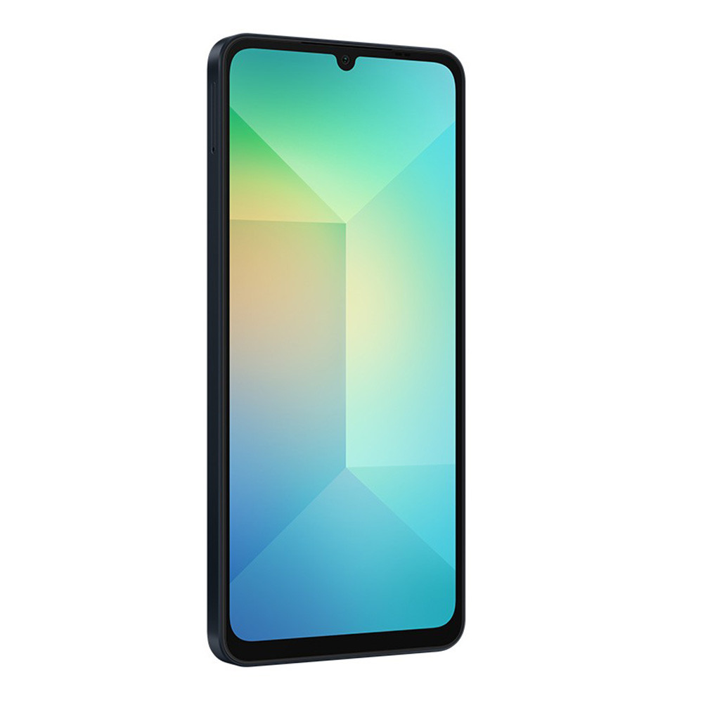 Ein Smartphone mit schwarzem Rahmen und farbenfrohem Display. Der Bildschirm zeigt einen Farbverlauf aus Grün und Blau mit geometrischen Formen.