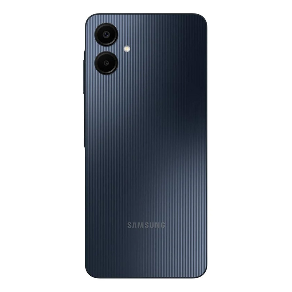 Dunkelblaue Smartphone-Rückseite mit vertikalen Linien. Merkmale: Dual-Kamera und Samsung-Logo.