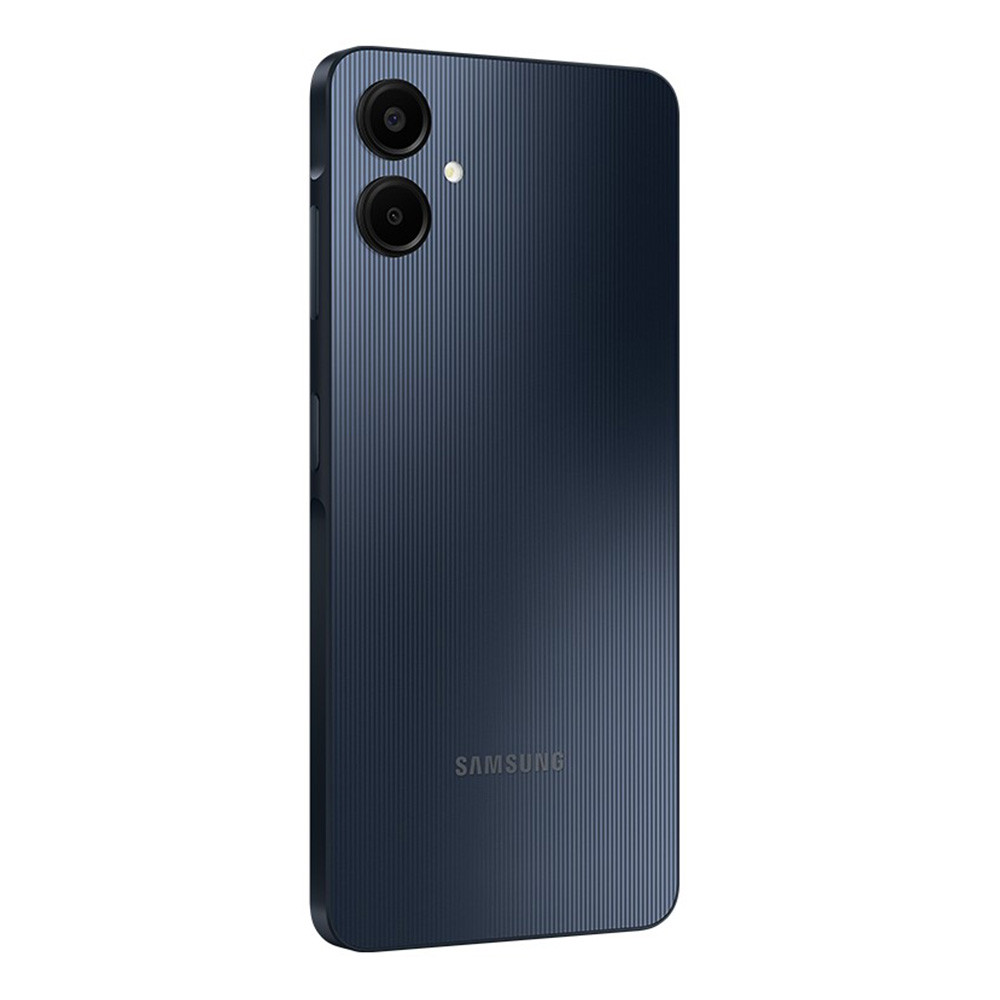 Die Rückseite eines dunkelblauen Samsung-Smartphones. Es hat zwei Kameras, den Markennamen und eine strukturierte Oberfläche.