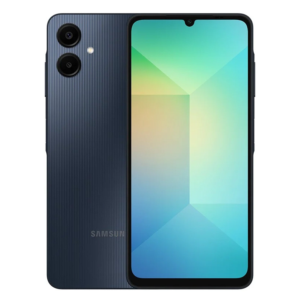 Dunkelblaues Samsung-Smartphone. Die Rückseite hat eine gerippte Textur, zwei Kameras und das Samsung-Logo. Der Bildschirm hat ein geometrisches Design.
