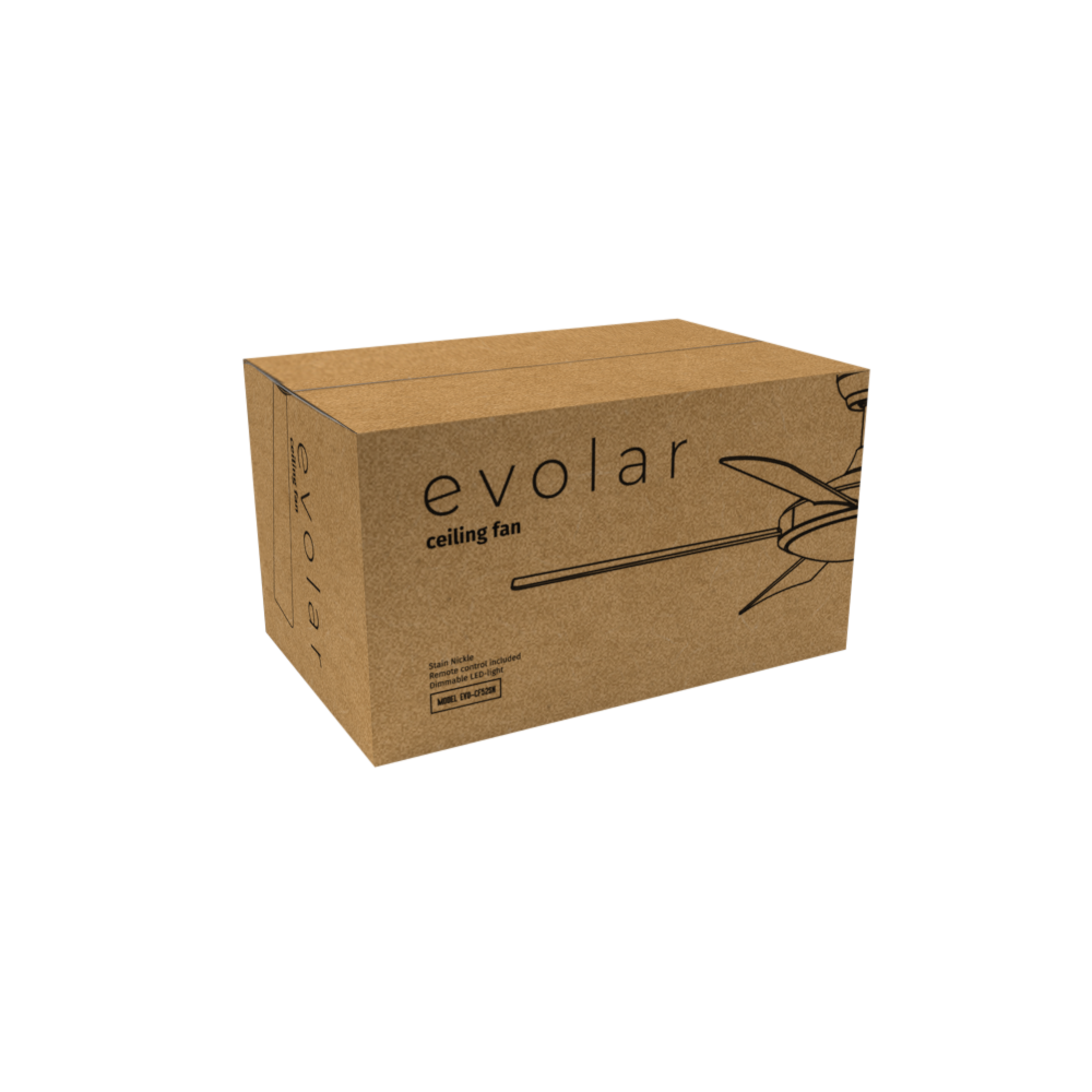 A brown cardboard box labeled 'evolar ceiling fan'. It contains a picture of a ceiling fan. The box is on a white background.