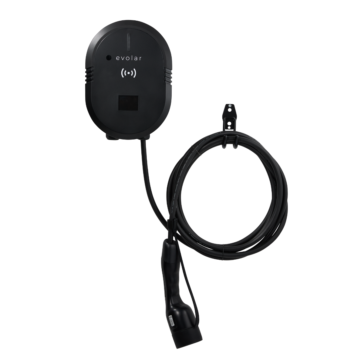 A black electric vehicle charger with a hanging cable. The charger is oval-shaped, mounted on a black background.