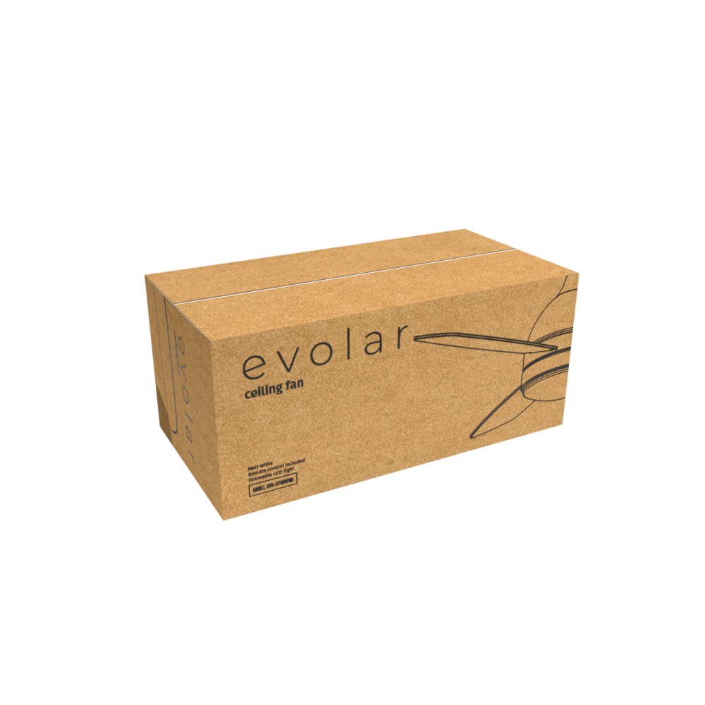 A brown cardboard box labeled 'Evolar ceiling fan'. It has a diagram of fan blades and product details. White background.