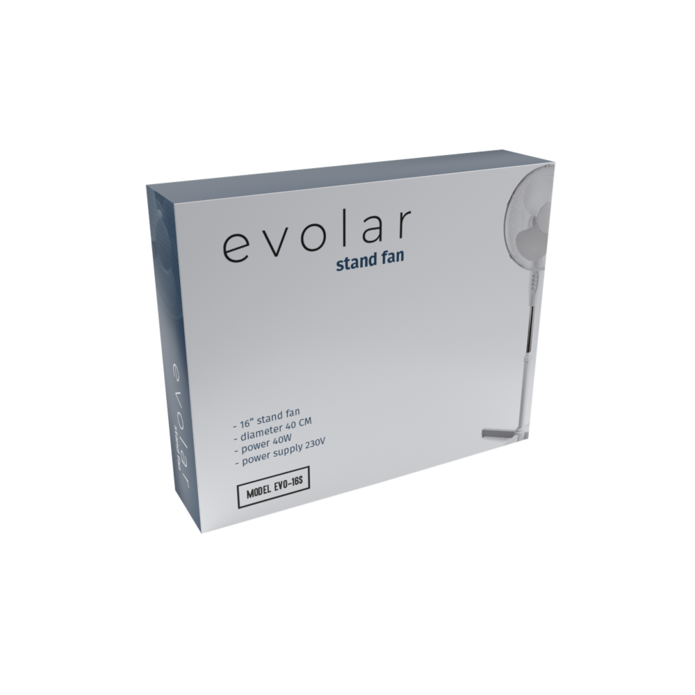 A product box of an Evolar stand fan. The box is white with the brand name and product details. The fan is shown on the box.