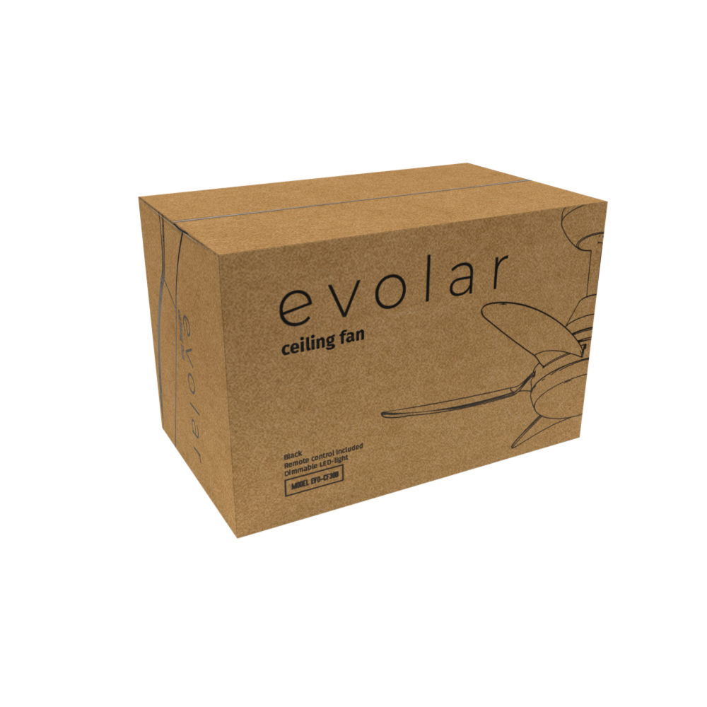Cardboard box for an 'evolar' ceiling fan. The box has the brand name, product image, and features listed.