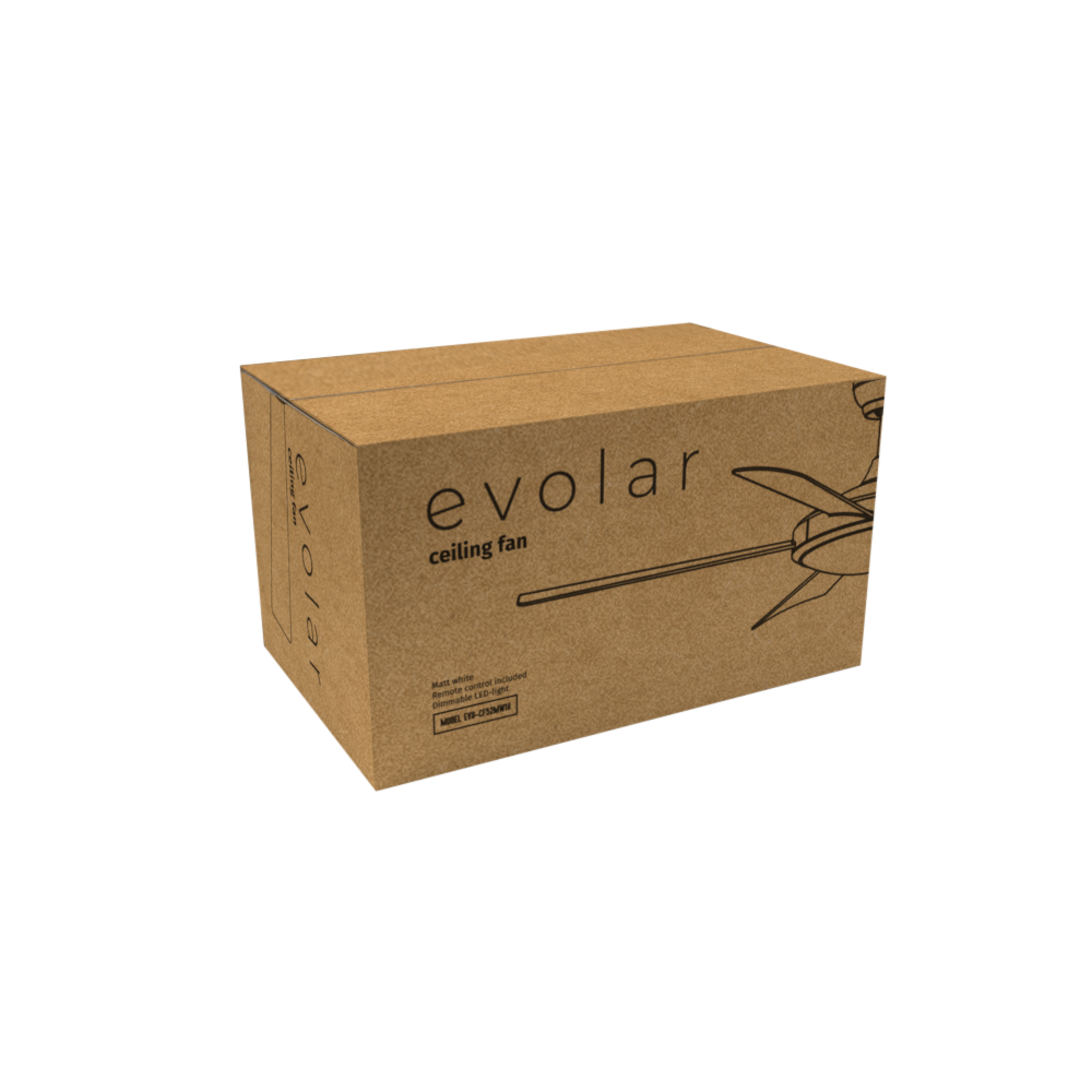 A brown box labeled 'evolar ceiling fan'. Features include a ceiling fan illustration and text about features like LED light.