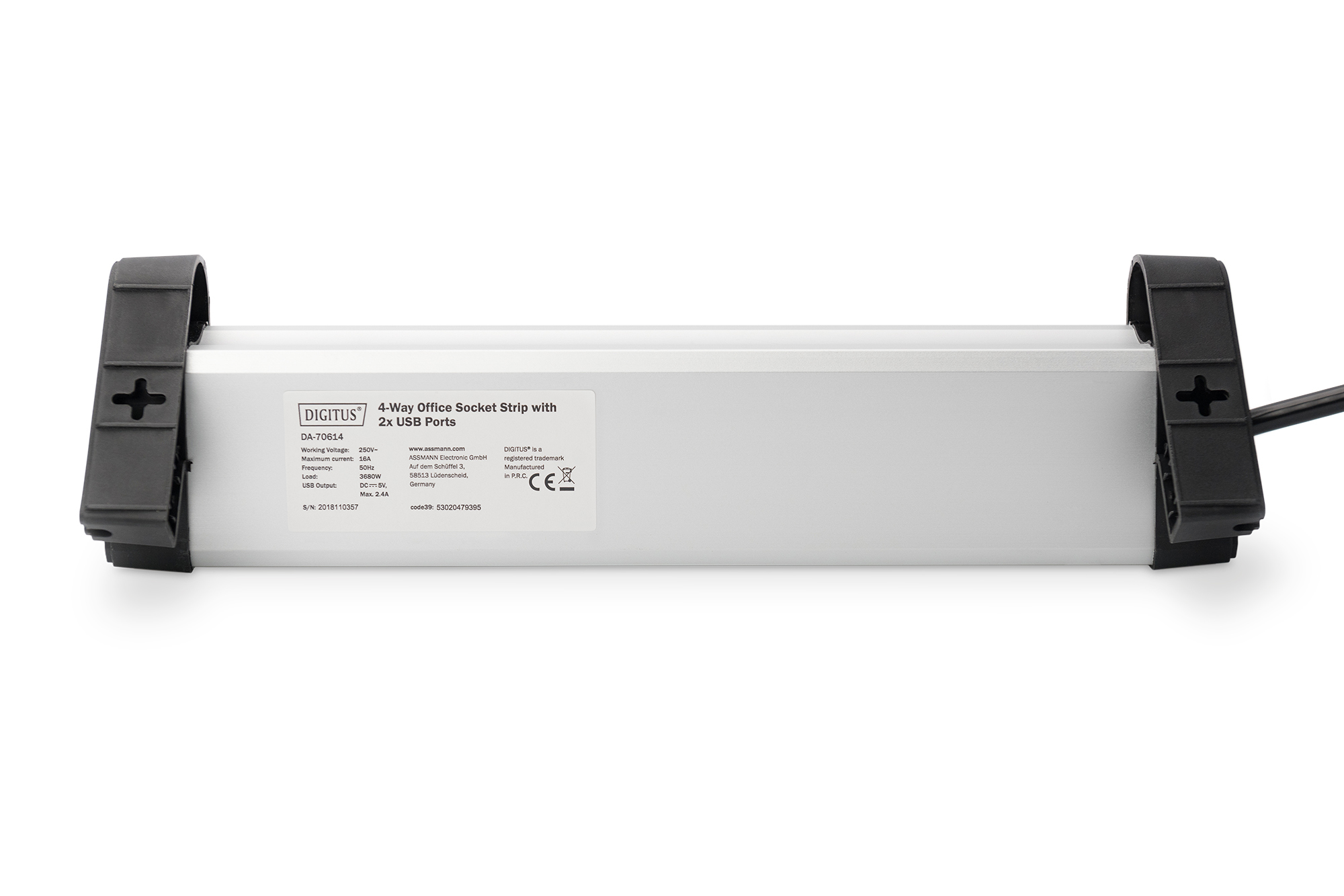 Listwa Digitus 4-gniazdowa do biura z 2 portami USB. Biała z czarnymi końcami. Widoczna etykieta ze specyfikacjami.
